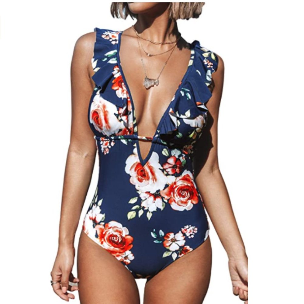 Women's Ruffle Deep VNeck, Blue Floral, S, NWT